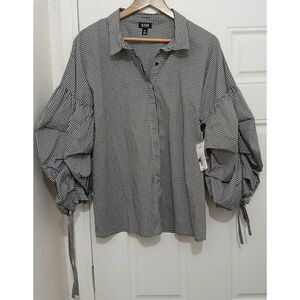 Ana womens 2xl puffer sleeve black white gingham plaid shirt top